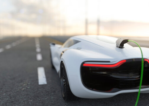 Modern generic electric white sports car at sunrise charging before a race 3d render