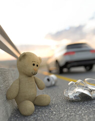 Toy bear at sunset on the road having been accidentally left behind 3d render