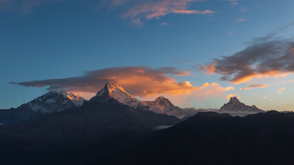 View of Annapurna mountain range from Poon Hill on sunrise. It's the famous view point in Gorepani village in Annapurna conservation area, Nepal.