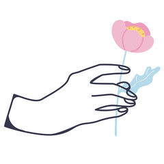Romantic pink hand and arms expressions. Hand sign. Heart love gesture. Hand holding a flower. Valentine's day. Doodle. Contour. Linear. Outline. Cute and simple