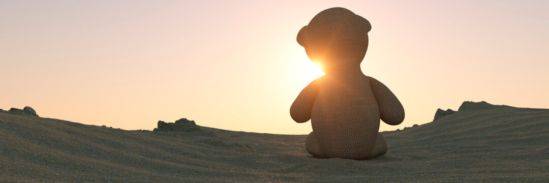 Lonely toy bear on a beach at sunset having been left behind 3d render