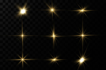 Shining golden stars. Light effects, glare, glitter, explosion, golden light. Vector illustration.Bright flash.
