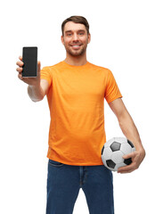 sport, leisure games and people concept - happy smiling man or football fan with smartphone and...