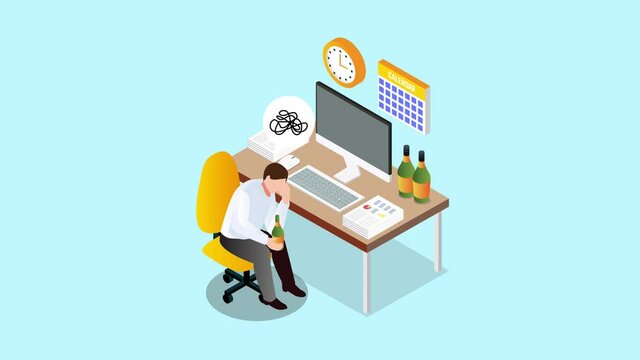 Stressed man drinking beer in the office