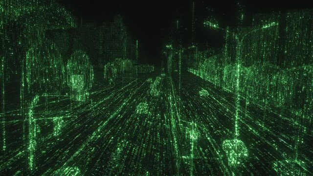Cyberspace. Digital city concept. Urban street scene with grid of glowing numbers in matrix style