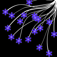 abstract floral background with violet flowers, violet flowers hand drawing on black background illustration.