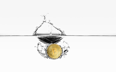 Bitcoin coin water splash. BTC water dive isolated on white gradient. Bitcoin obverse front side