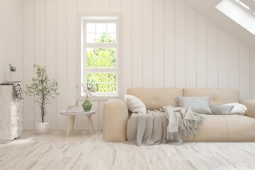 Minimalist living room in white color with sofa and summer landscape in window. Scandinavian interior design. 3D illustration