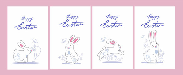 Fototapeta na wymiar A set of greeting cards with greeting text and white rabbits. Design elements for a festive Easter decor. Congratulatory lettering.