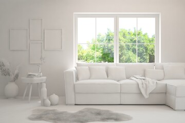 Mock up of stylish room in white color with sofa and green landscape in window. Scandinavian interior design. 3D illustration