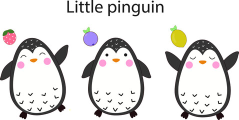 Fototapeta premium Set of little penguin with fruits on white background. Cute cartoon character design. Kawaii.Vector illustration