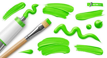 Vector realistic illustration of a green paint tube, paintbrush and brush strokes on a white background. - 480208117