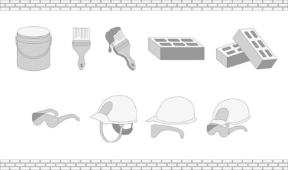 Illustration of construction icons on a white background. A set for builders, simple icons, bricks, helmet, paint, everything for construction, ready to use, eps. For your design