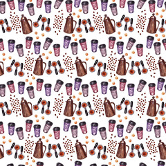 Watercolor seamless pattern with coffee attributes and coffee
