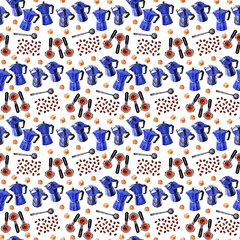 Watercolor seamless pattern with coffee attributes and coffee
