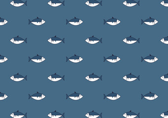 Fototapeta premium Salmon pattern wallpaper. Salmon fish on blue background.