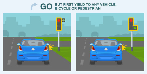 Safety car driving and traffic regulating rules. Give way rules at traffic lights with a green arrow. Go, but first yield to any vehicle, bicycle and pedestrian. Flat vector illustration template.
