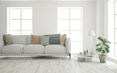 White living room with sofa. Scandinavian interior design. 3D illustration