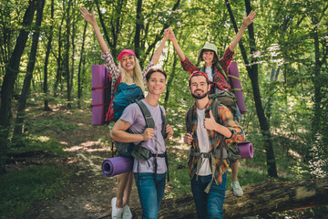 Photo of best friend happy positive smile enjoy tourism vacation forest trekking exploring wild nature rucksack outdoors