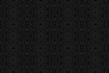 Embossed trendy black background, vintage cover design. Geometric monochrome 3D pattern, handmade style. Ethnic creativity of the peoples of the East, Asia, India, Mexico, Aztec.