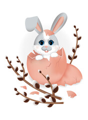 Happy easter.  Cute little rabbit (hare) sitting in egg shell. Design for greeting card, banner and a print on a different product. EPS10.