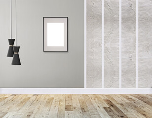 empty interior design with wooden floor and decorative stone wall. 3D illustration
