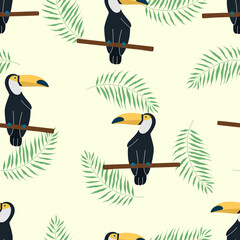 Fototapeta premium Seamless cartoon toucan pattern and tropical palm leaves. Jungle and birds background. Vector illustration print for textiles, wallpaper, packaging.