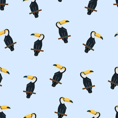 Fototapeta premium Seamless pattern with exotic toucans birds. Blue background. Vector illustration print for textiles, wallpaper, packaging.