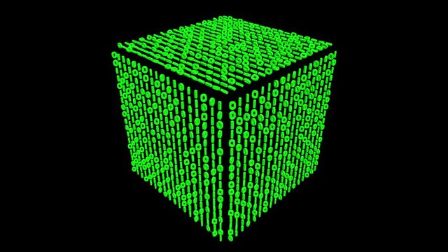 Magical Digital Cube 3D animation. VJ loops. Transparent background. Rotating numbers on the 3D cube.
