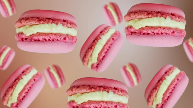 A stream of many different diameters French macaroon cookies with raspberry and strawberry on the natural beige background. The Concept of St. Valentine's, weddings, birthday days and other holiday 