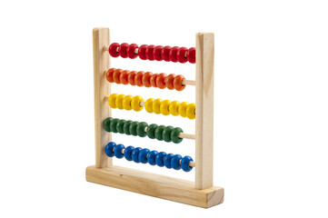 Kids toys, learn mathematics calculation and learning addition concept with wood abacus toy isolated on white background with clipping path cutout - obrazy, fototapety, plakaty