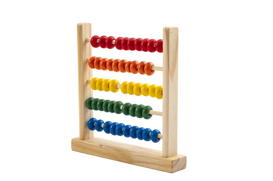 Kids toys, learn mathematics calculation and learning addition concept with wood abacus toy isolated on white background with clipping path cutout