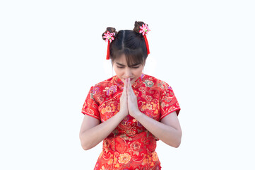 Portrait beautiful asian woman in Cheongsam dress on white background,Thailand people,Happy Chinese new year concept,Happy  asian lady in chinese traditional dress