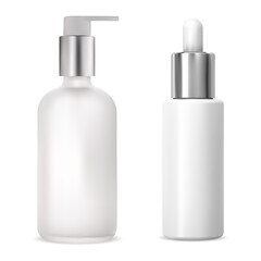 Cosmetic serum bottles. Pump bottle, dropper bottle mockup isolated on white. Cosmetic oil dispenser package with silver cap. Aroma essence eyedropper vial, natural medical treatment flask