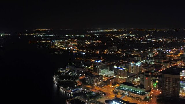 Aerial Flying Over Night Norfolk, Downtown, City Lights, Virginia