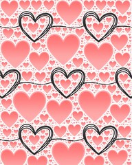 Fototapeta na wymiar Black doodle hearts with red hearts illustration digital image