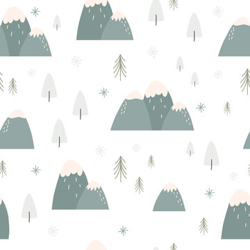 Fototapeta Winter village seamless pattern with mountains and for tree forest, flat vector illustration on white background. Cute pattern for Christmas and kids cloth design. Simple and minimalist elements.