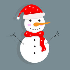 Snowman in a red hat and scarf with snowflakes.