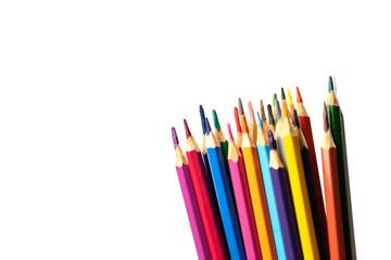 blunt colour pencils are arranged in the line on the white background and ready to paint.