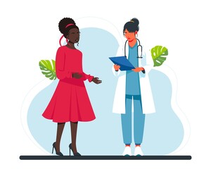 Doctor visiting a patient. doctor reads the medical history to the patient. woman talking with man doctor. Patient having consultation with doctor therapist in hospital. flat vector illustration.