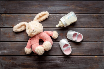 Baby girl pink shoes with milk and toy. Newborn set background