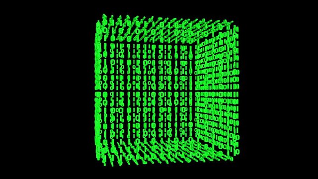 Magical Digital Cube 3D animation. VJ loops. Transparent background. Rotating numbers on the 3D cube.