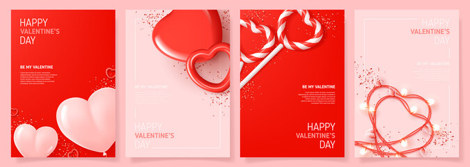 Set of Happy Valentine's Day posters. Vector illustration with realistic 3d Valentine's Day attributes and symbols. Brochures design for promo flyers or covers in A4 format size. - obrazy, fototapety, plakaty