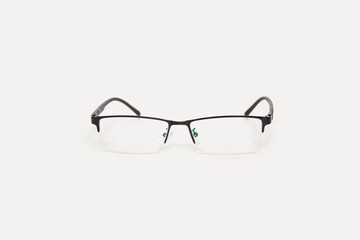 Stylish black eyeglasses isolated on white background, front view