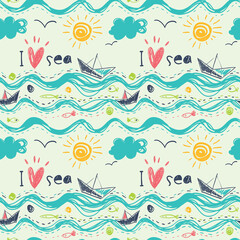 Fototapeta na wymiar Seamless summer background with yachts, ships, seagulls, sea, fish and sun.