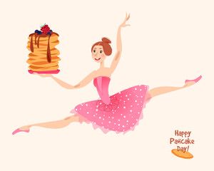 Young ballerina holds a stack of pancakes. Happy Pancake Day!