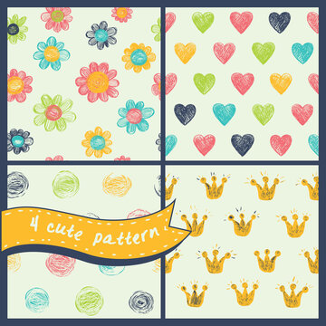 A set of simple patterns with hearts, flowers and stripes.