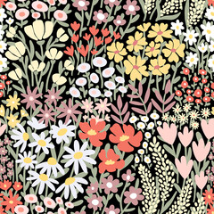 Fototapeta na wymiar Ditsy floral seamless pattern. Many various Summer Flowers on black background. Full Meadow Wildflower texture. Liberty style motif for fashion print, textile, fabric, cover, wrap, gift paper