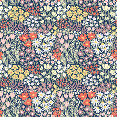 Ditsy floral seamless pattern. Many various Summer Flowers on blue background. Full Meadow Wildflower texture. Liberty style motif for fashion print, textile, fabric, cover, wrap, gift paper