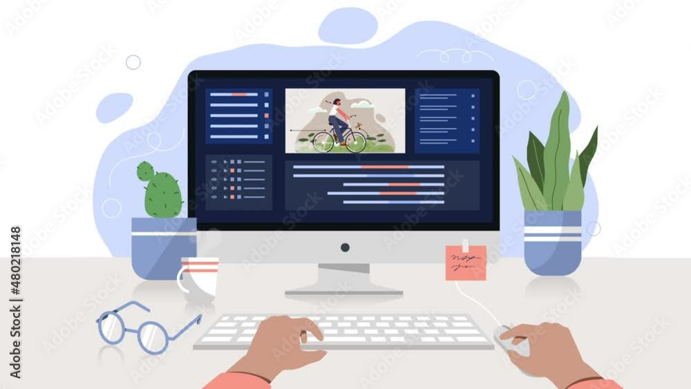 Poster profession of animator video concept. workspace with pop up computer, keyboard and program for work.